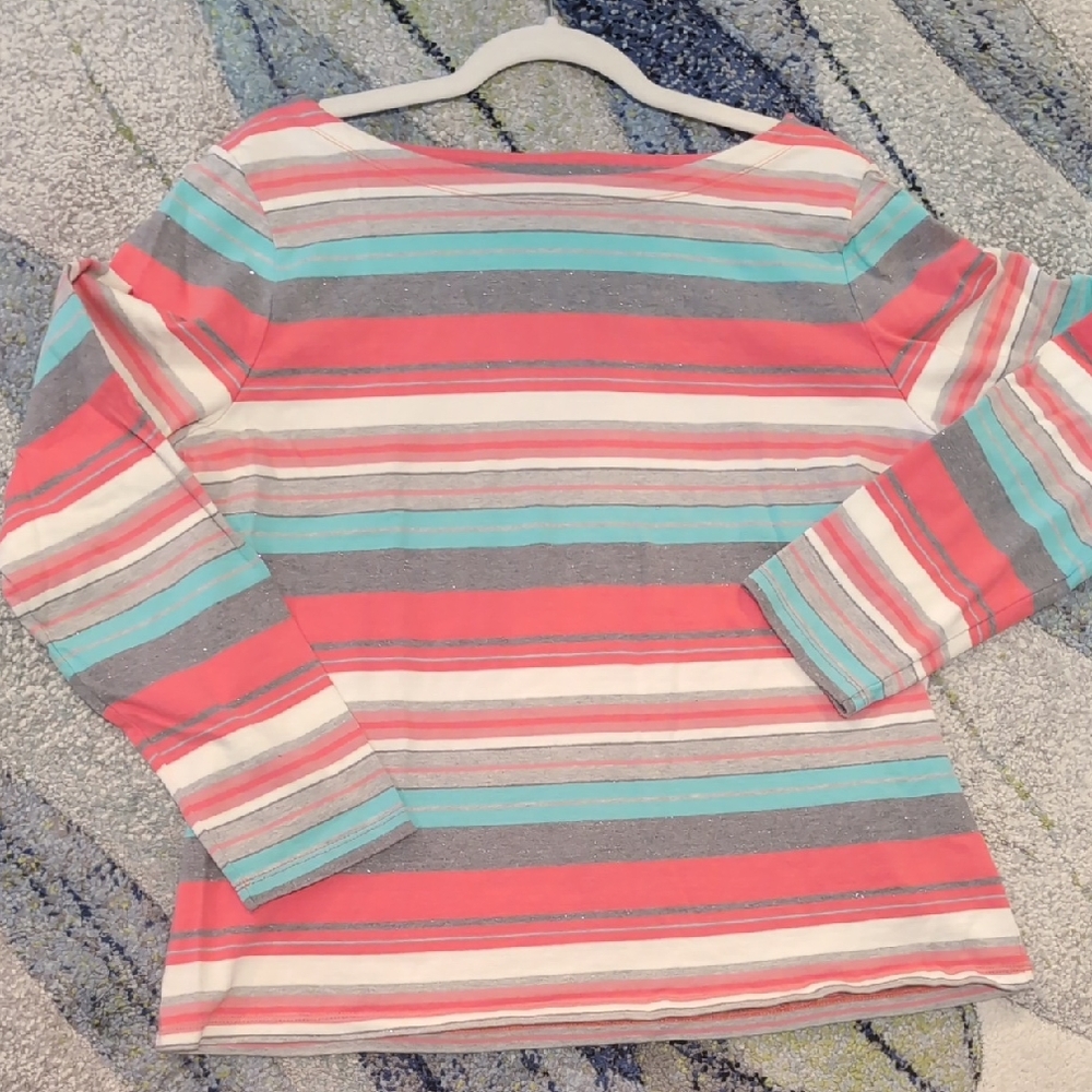 Talbots Long Sleeve Striped Tee - Coral, Aqua, Gray